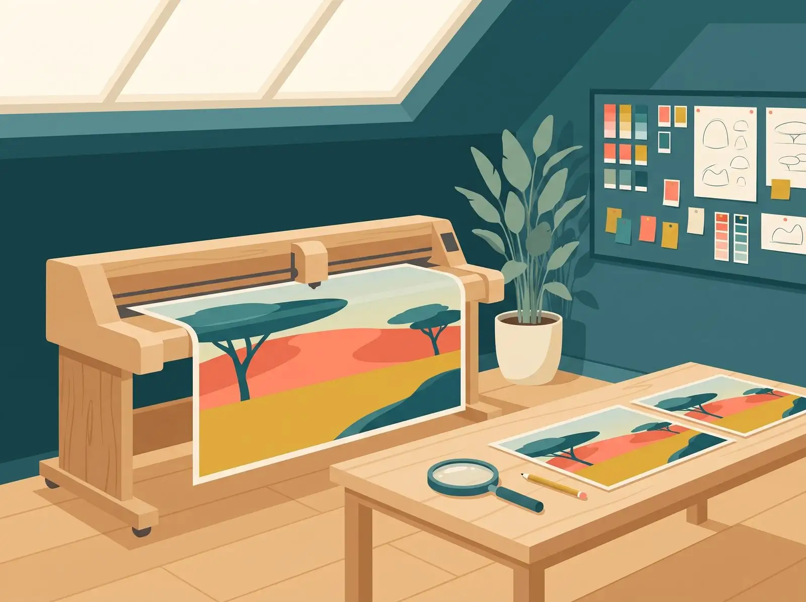 A design studio where a plotter prints a savanna poster and a magnifying glass waits on the review table