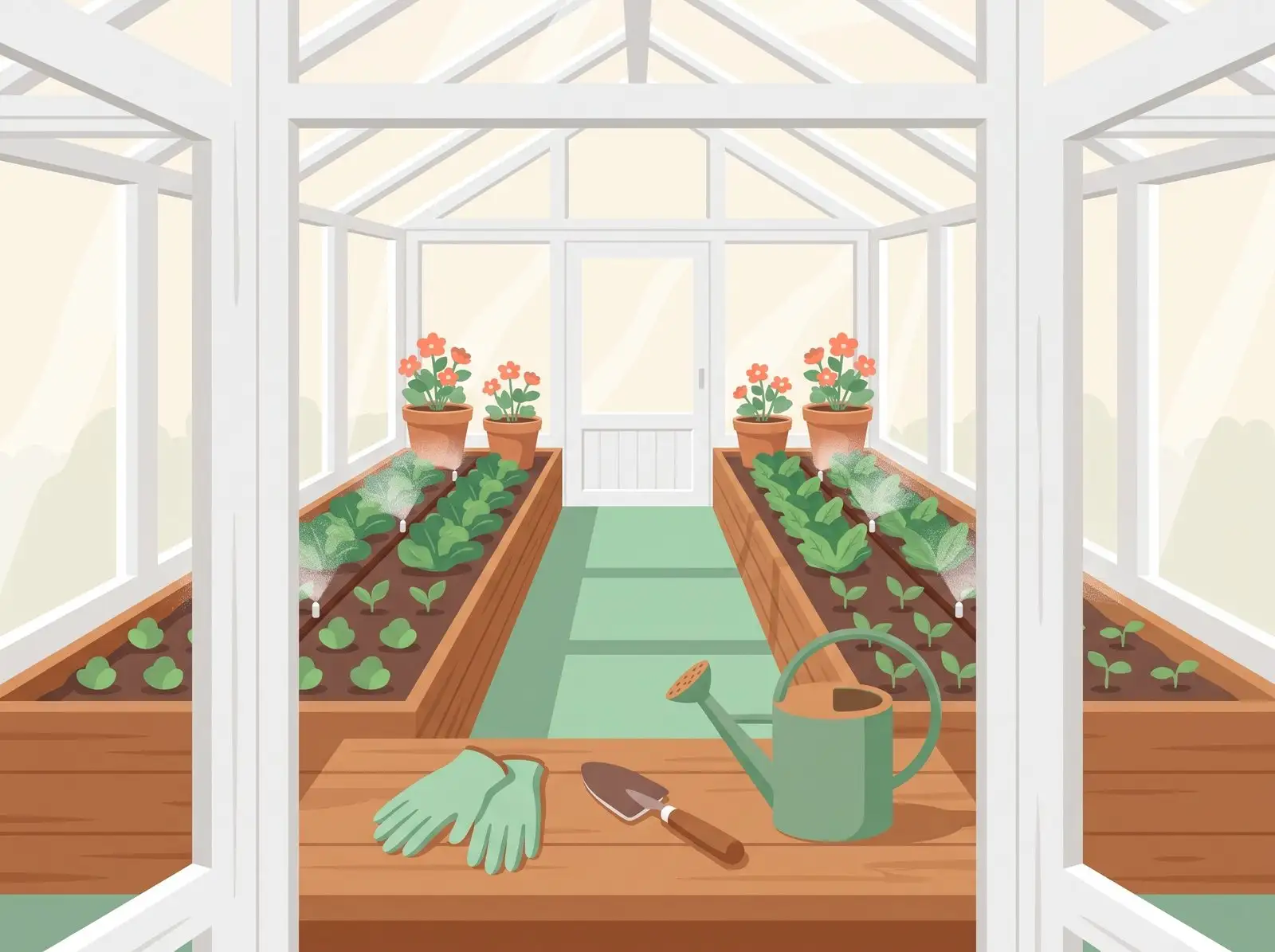A greenhouse whose rows of plants water themselves, with gloves and a watering can set down on the bench