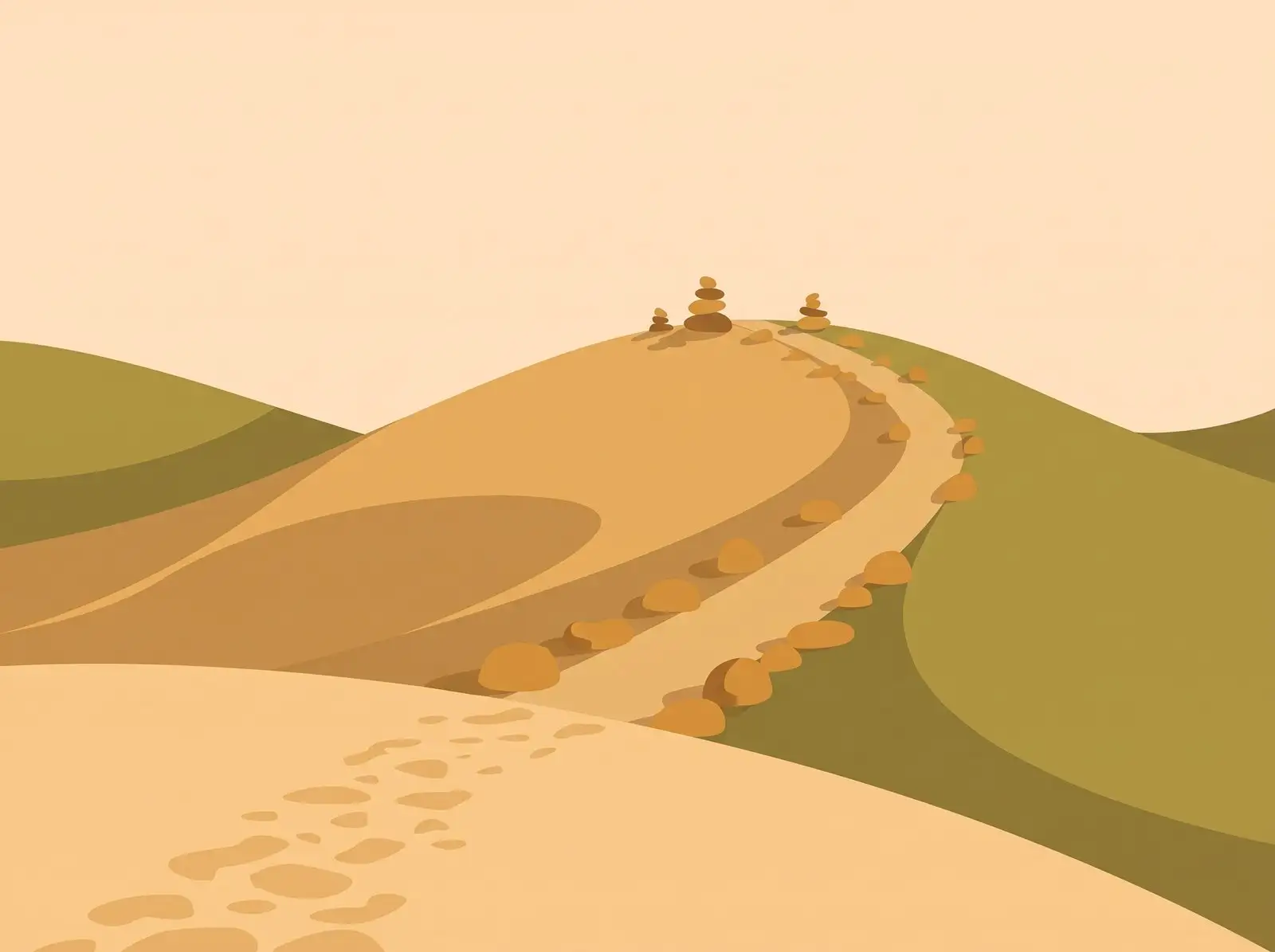 A faint trail that grows clearer as it climbs a hill, marked with stacked-stone cairns