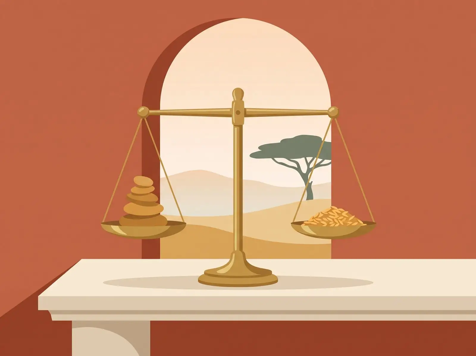 A brass balance scale, perfectly level, in front of an arched window onto the savanna