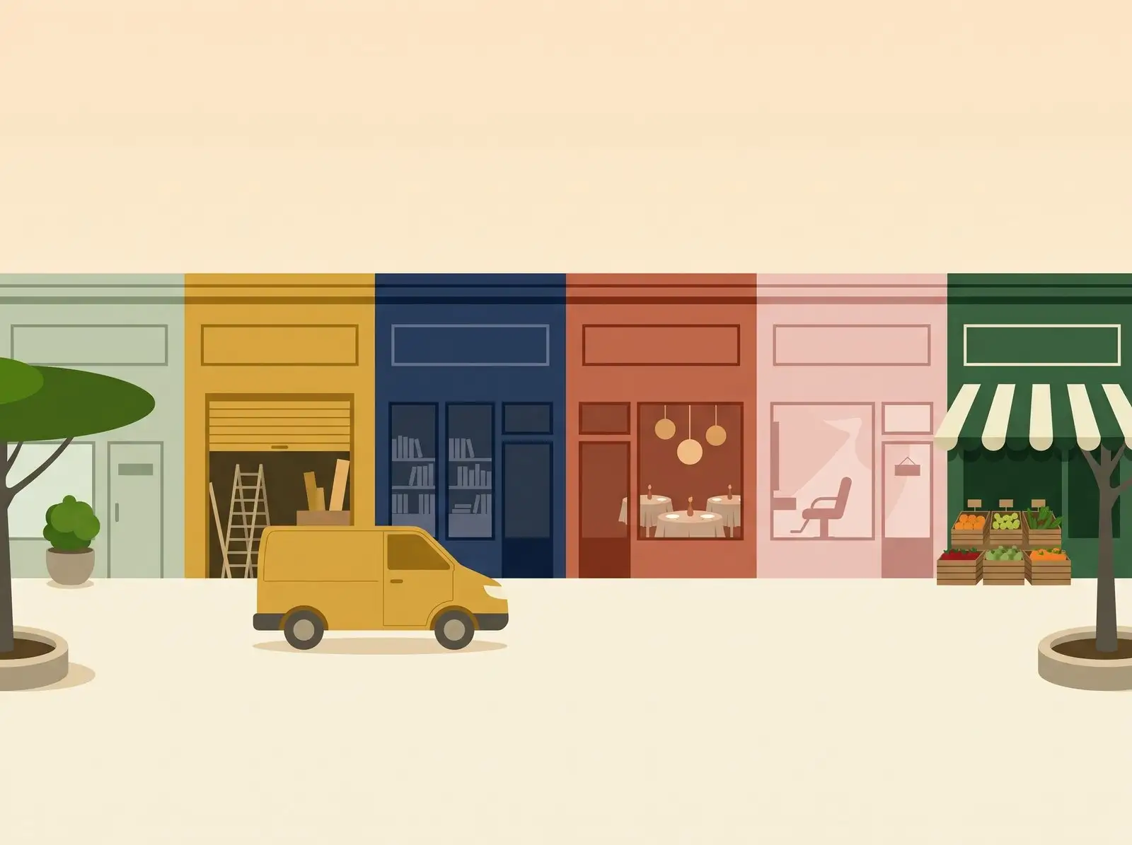 Six local shopfronts side by side: a clinic, a contractor, an office, a restaurant, a salon and a grocer
